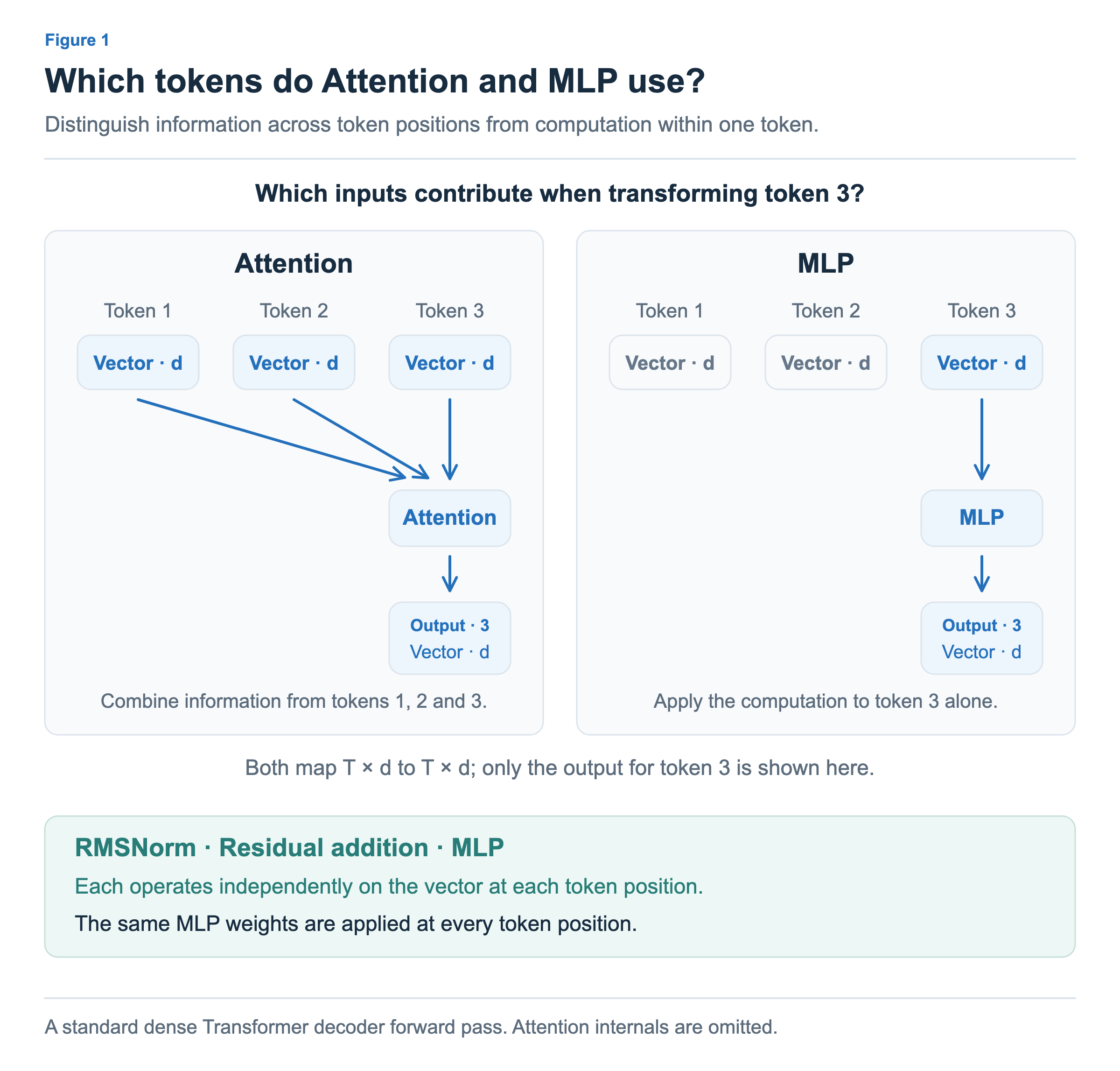 Attention uses the vectors for tokens 1, 2, and 3 to compute the output for token 3, while MLP uses only token 3’s vector. Both outputs align with token 3 and have d dimensions.