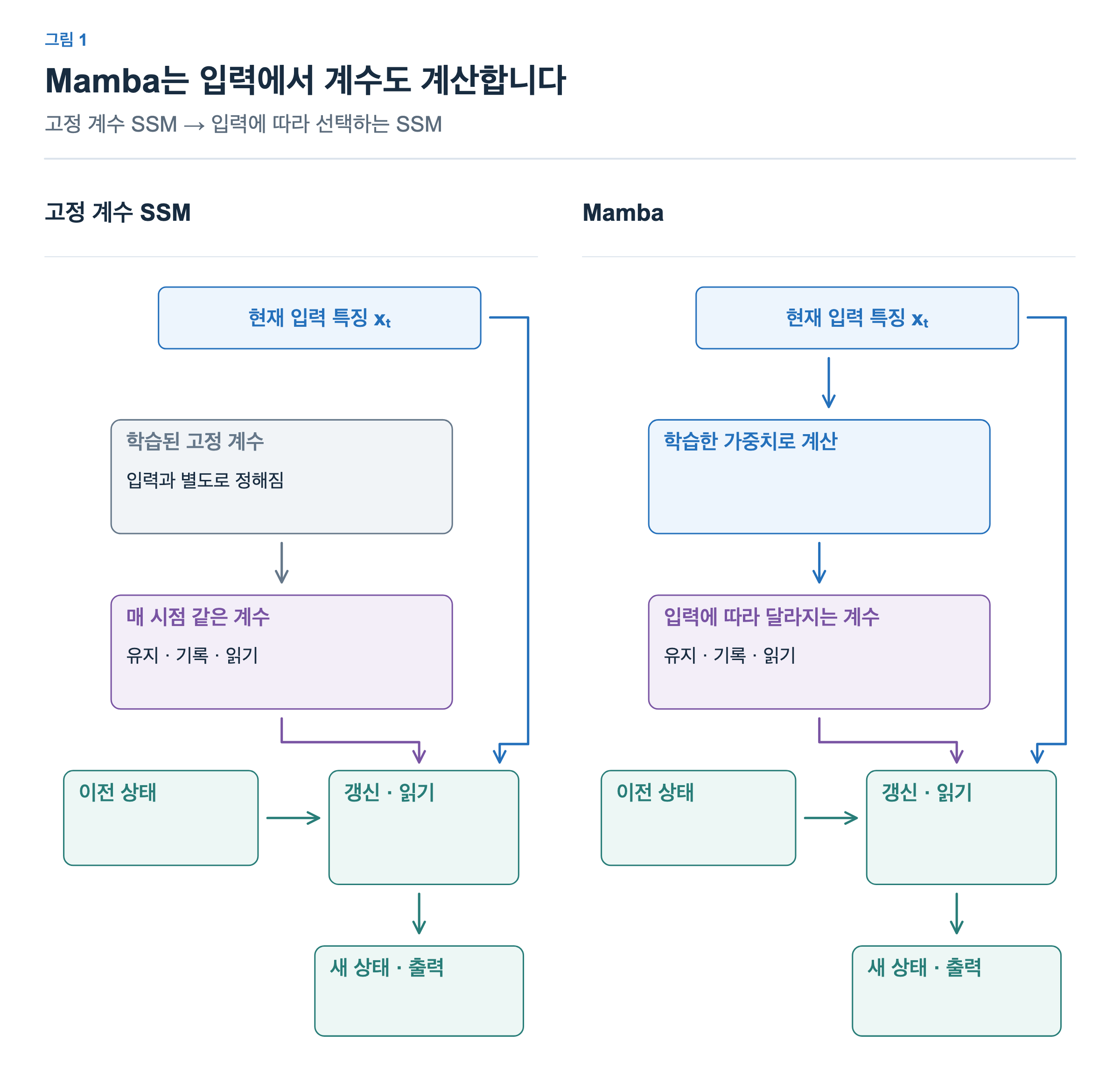 고정 계수 SSM은 입력과 별도로 정해진 계수로 상태를 갱신하고 읽는다. Mamba는 입력이 학습된 가중치로 계수를 만드는 경로에도 들어간다. 두 방식의 입력 경로와 상태 처리 순서는 같고 입력에서 계수로 이어지는 연결이 다르다.