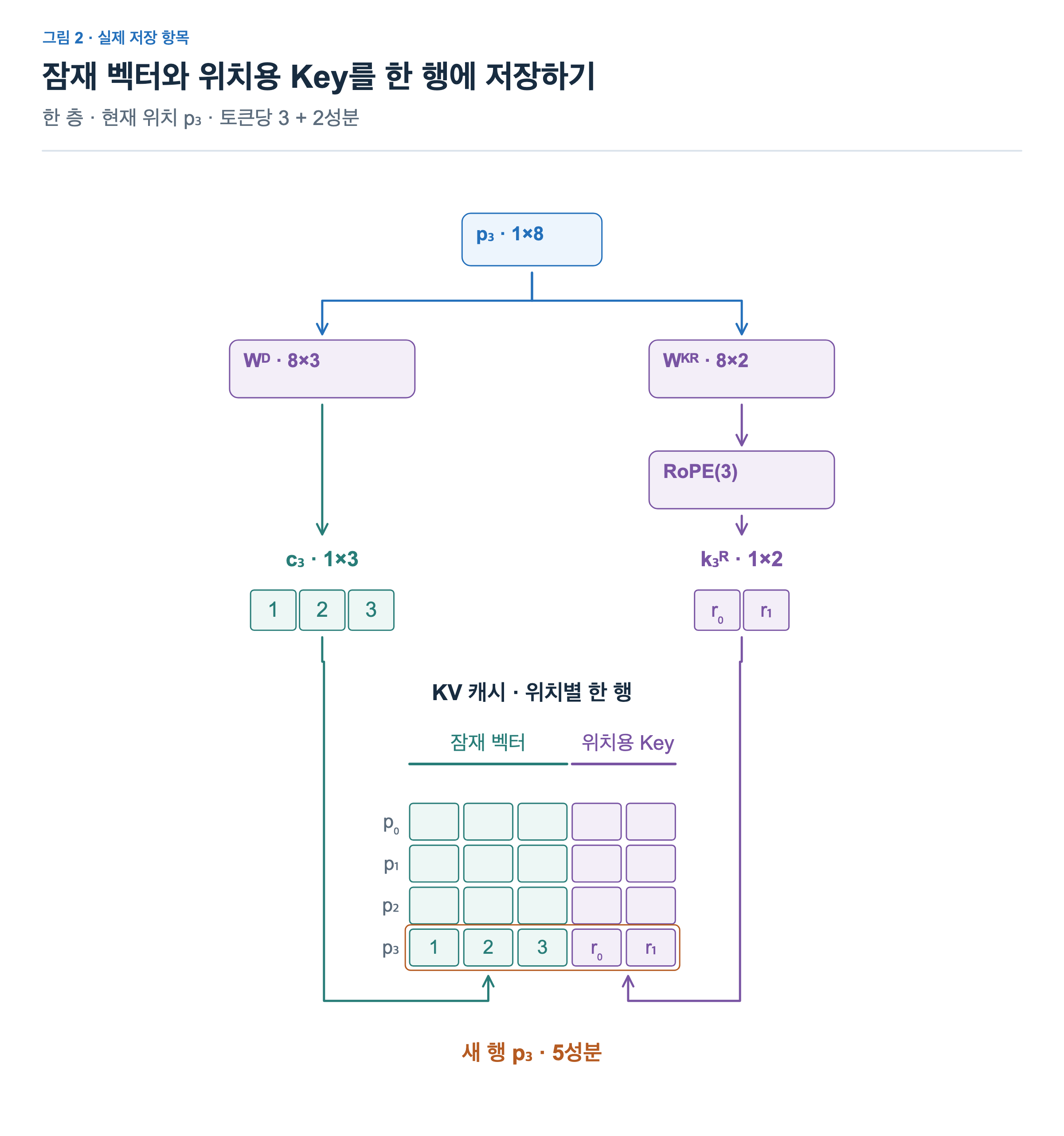현재 p3의 1×8 입력에서 두 경로가 갈라진다. W_D 8×3은 잠재 벡터 c3를, W_KR 8×2와 RoPE(3)은 위치용 Key k3R을 만든다. 두 행벡터의 3성분과 2성분을 캐시의 새 p3 행에 함께 저장한다. 앞선 p0,p1,p2 행은 그대로 남는다.