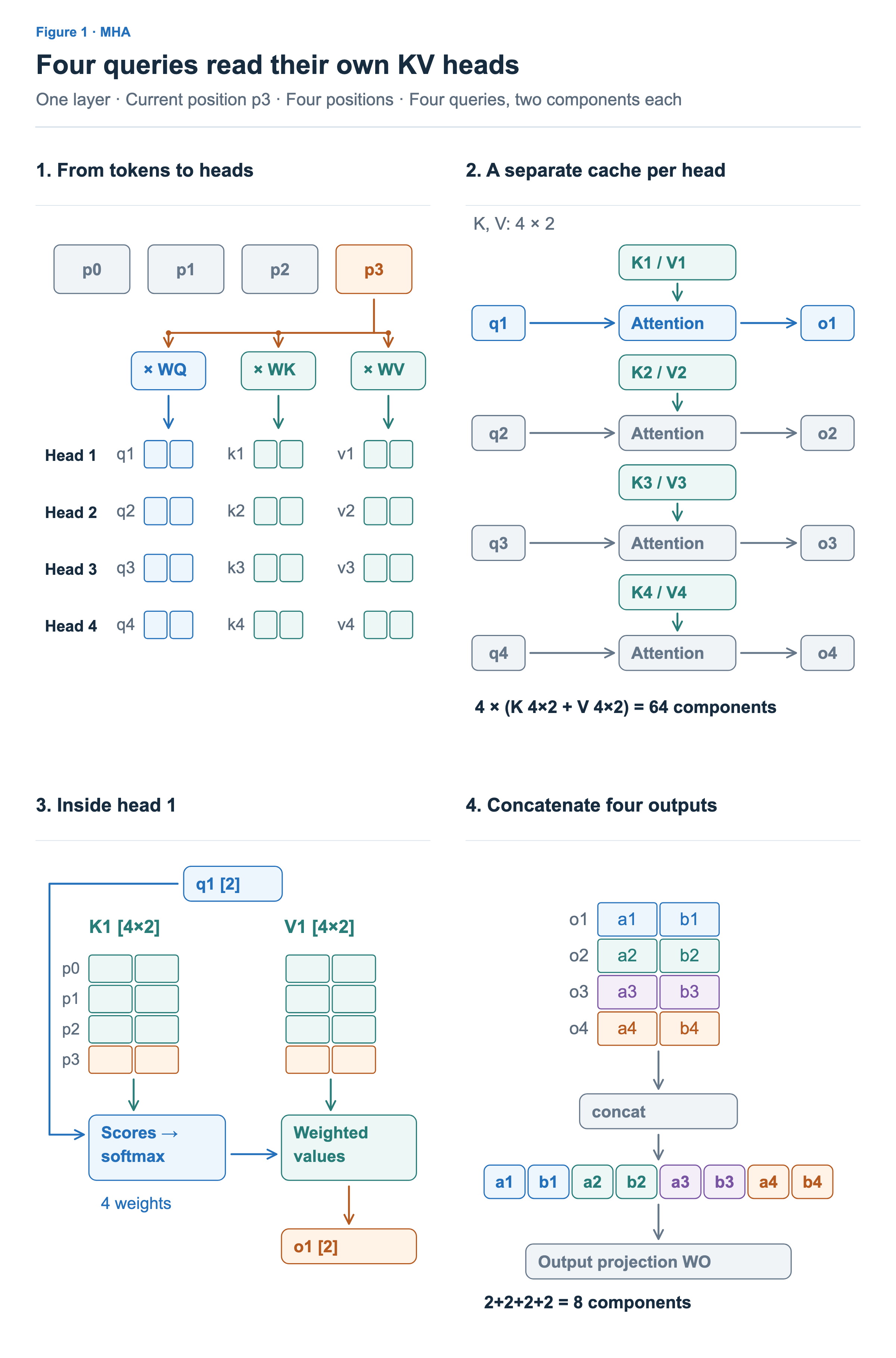 The top shows input vectors at token positions p0 through p3, as one unsplit block each. The full vector at current position p3 is multiplied by WQ, WK, and WV. Below, rows are heads 1 through 4, showing their two-component queries, keys, and values at p3. Current keys and values join each head’s cache. Queries read their own cached positions p0 through p3. The remaining panels show head 1 attention and output concatenation.