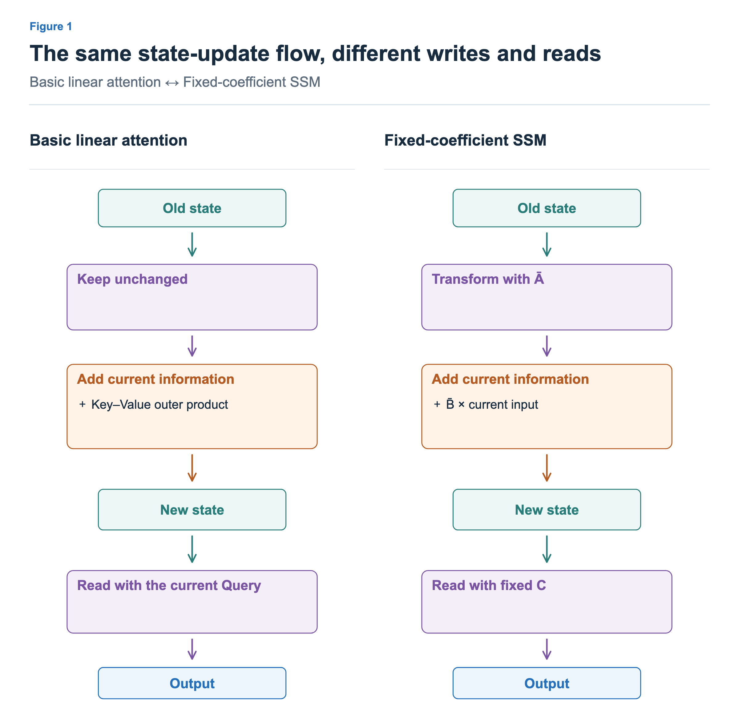 Both panels process the old state, add current information, form the new state and read an output. Basic linear attention retains the old state, adds a key-value outer product and reads with the current query. A fixed SSM transforms the old state with Abar, adds Bbar times input, and reads with fixed C.
