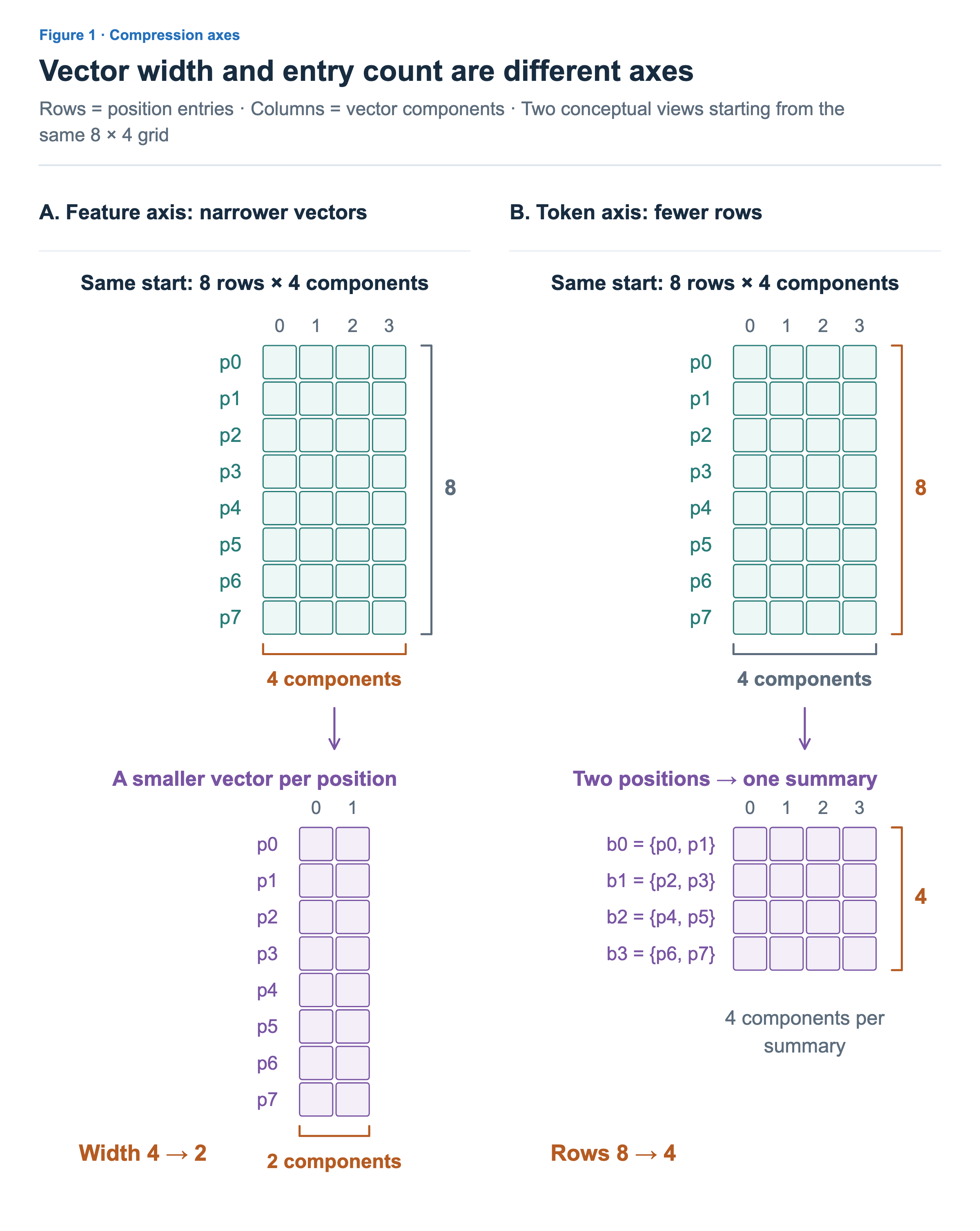 Both panels begin with eight positions and four components. The left preserves eight positions while reducing each vector to two components. The right combines adjacent pairs into four summaries, each with four components.