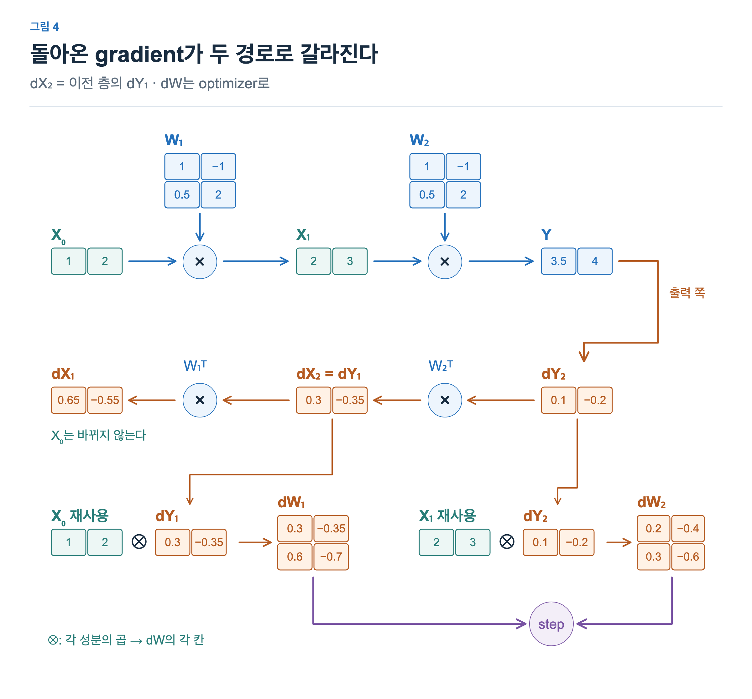 두 선형층의 forward는 X0에서 X1, Y를 만든다. 역방향의 dY2는 dX2와 dW2로 갈라지고 dX2가 이전 층의 dY1이 되어 dX1과 dW1을 만든다. 저장 X0와 X1은 dW 계산에 재사용된다.